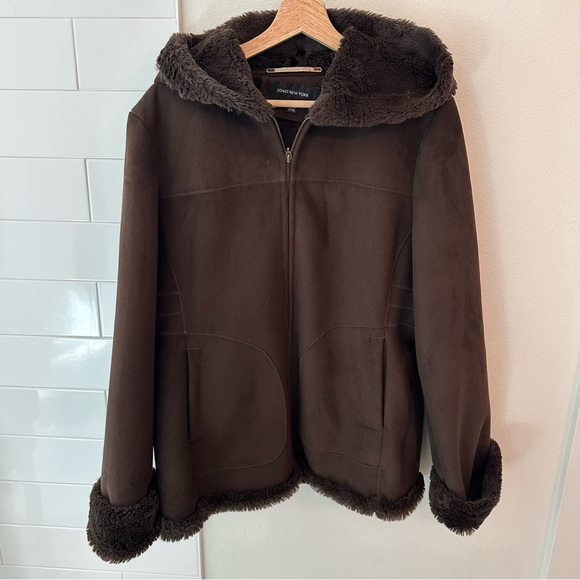 Chocolate Brown Faux Suede and Faux Fur Lined Hooded Jacket - Picture 1 of 9